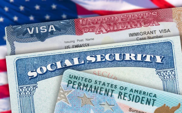 Zielona Karta Usa Stały Rezydent Usa Karta Ubezpieczenia Społecznego Visa — Zdjęcie stockowe