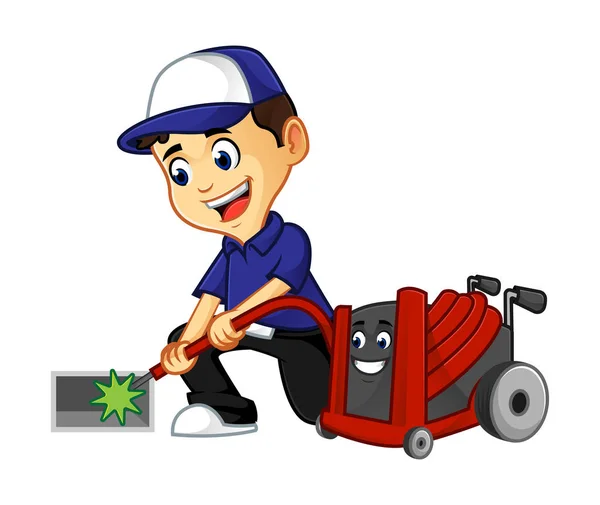 Hvac Cleaner Technician Cleaning Air Duct Smiling Cartoon Illustration Can — Stock Vector