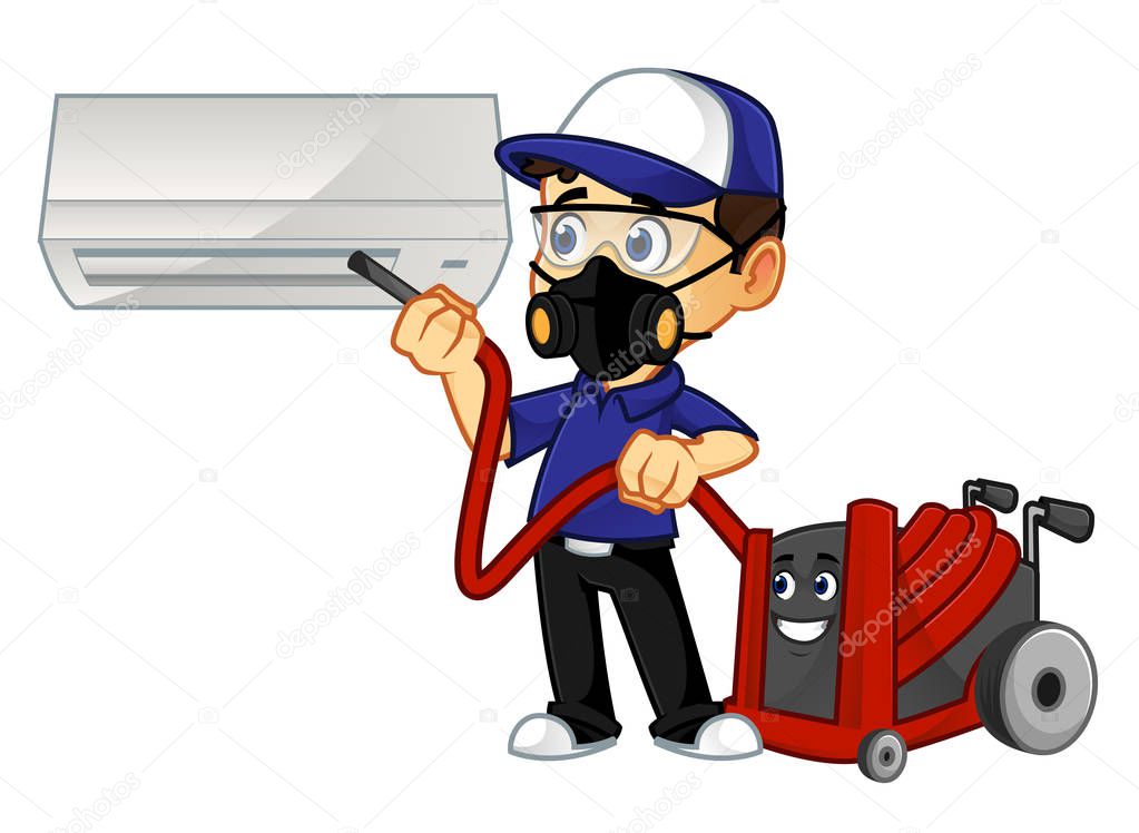 hvac cleaner or technician cleaning air conditioner cartoon illustration, can be download in vector format for unlimited image size