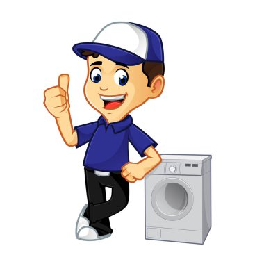 HVAC temizleyici veya teknisyen çamaşır makinesi karikatür çizim üzerinde eğilerek sınırsız görüntü boyutu için Vektör formatında indirmek olabilir