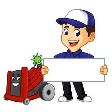 Hvac Cleaner or technician with rotobrush hold sign cartoon illustration, can be download in vector format for unlimited image size clipart