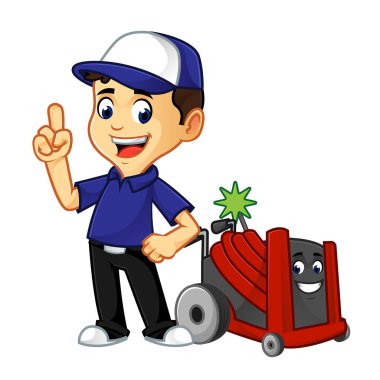 Hvac Cleaner or technician with rotobrush pointing cartoon illustration, can be download in vector format for unlimited image size clipart