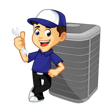 Hvac Cleaner or technician leaning on air conditioner cartoon illustration, can be download in vector format for unlimited image size clipart