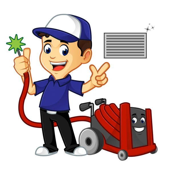 Hvac Cleaner Technician Cleaning Air Duct Cartoon Illustration Can Download — Stock Vector