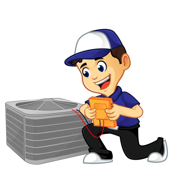 Hvac Cleaner Technician Checking Air Conditioner Cartoon Illustration Can Download — Stock Vector