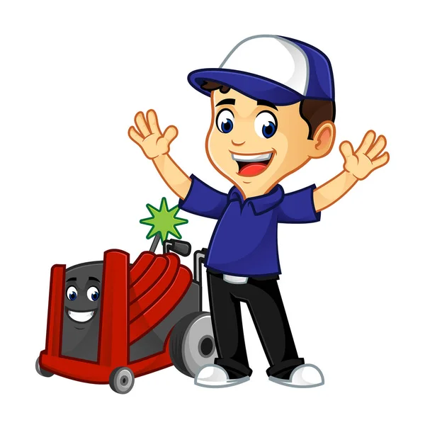 Hvac Cleaner Técnico Con Ilustración Dibujos Animados Feliz Rotobrush Puede — Vector de stock