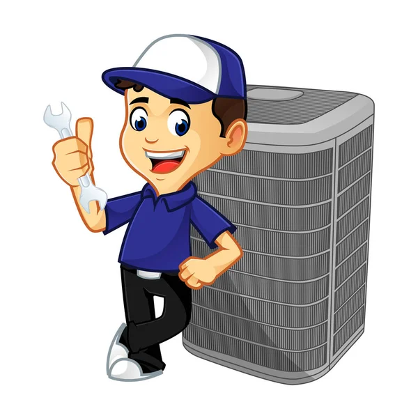 Hvac Cleaner Technicus Leunend Airconditioner Cartoon Afbeelding Kan Worden Gedownload — Stockvector