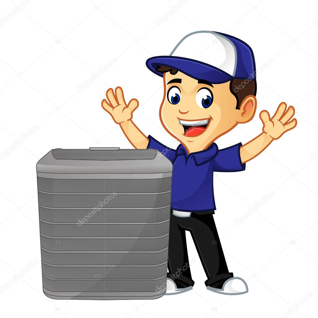 Hvac Cleaner or technician with air conditioner happy cartoon illustration, can be download in vector format for unlimited image size