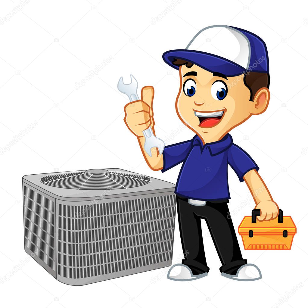 Hvac Cleaner or technician hold wrench and toolbox cartoon illustration, can be download in vector format for unlimited image size