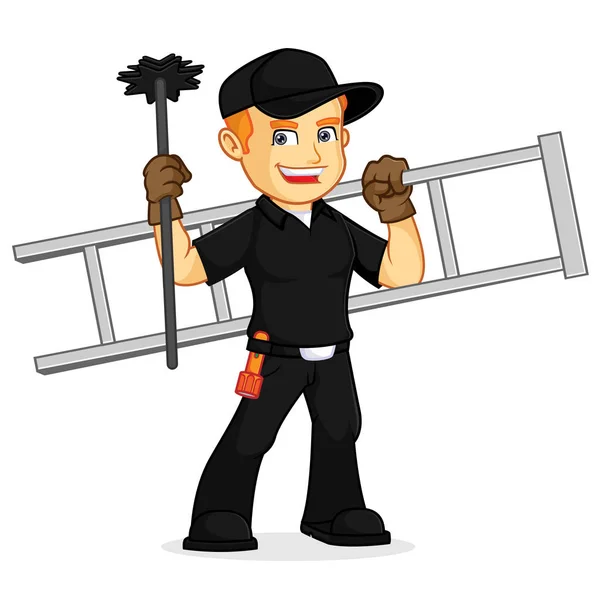 Chimney Sweeper Hold Ladder Broom Cartoon Illustration Can Download Vector — Stock Vector