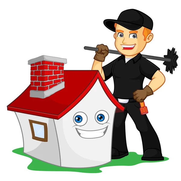 Schoorsteen Veger Holding Chimney Sweep Bezem Cartoon Afbeelding Kan Worden — Stockvector