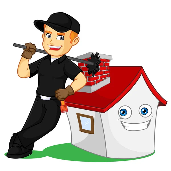 Chimney Sweeper Inclinado Uma Ilustração Desenho Animado Casa Pode Ser — Vetor de Stock