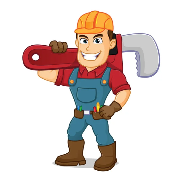 Handyman carrying pipe wrench — Stock Vector