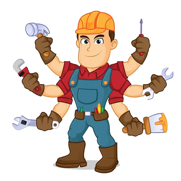 Handyman sosteniendo herramientas múltiples — Vector de stock