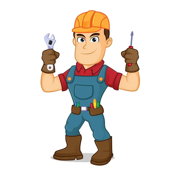 Handyman segurando chave e chave de fenda — Vetor de Stock