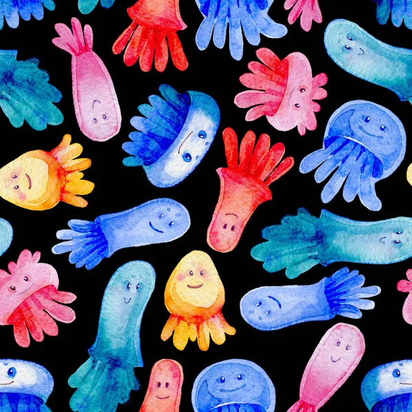 Watercolor cartoon jellyfish. Seamless Marine life pattern on black background.