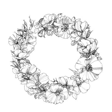 Çiçek yaprakları ve tomurcukları olan bir gül dalının el yapımı mürekkep çelengi. Beyaz arkaplanda izole 