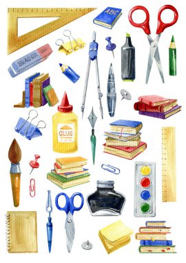 Okul malzemelerinin suluboya seti. İzole kalemler, kalemler, fırça, defter, kurallar, beyaz arka planda okul çantası