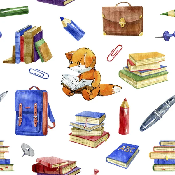 Акварельний Безшовний Візерунок Різних Книг Шкільної Сумки Шкільних Інструментів Милих — стокове фото