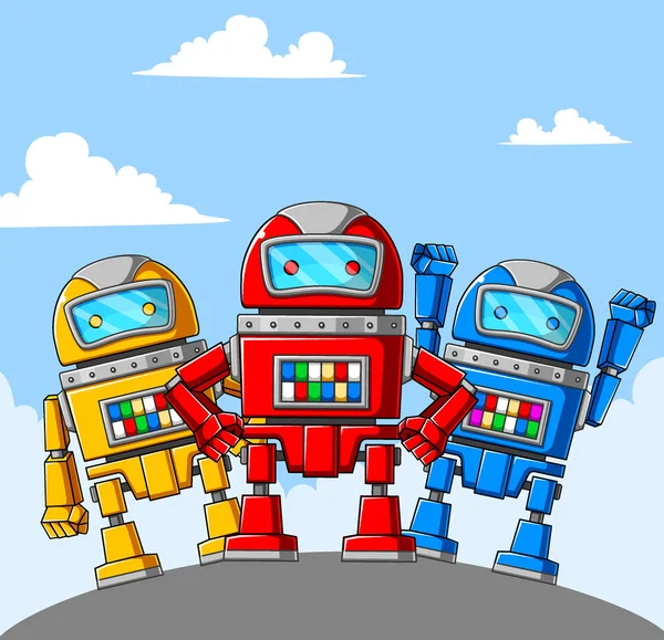 Tres Robots Con Diferente Pose Color Ilustración — Archivo Imágenes Vectoriales