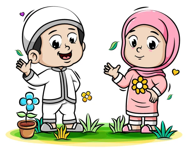 快乐的穆斯林孩子在公园里玩耍 — 图库矢量图片