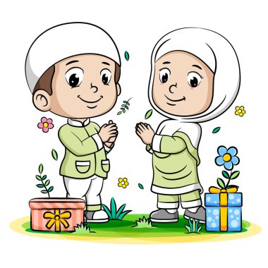 Genç bir oğlan ve genç bir kız. Birbirlerine illüstrasyon hediyesi veriyorlar.