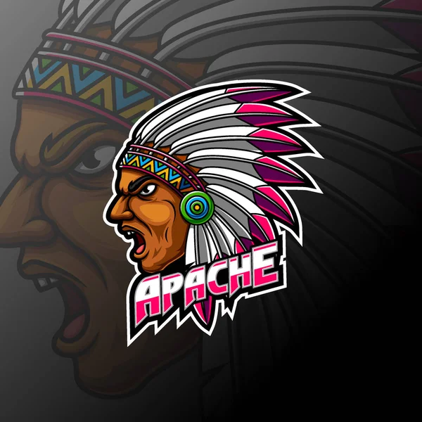 Apache Indiase Man Hoofd Mascotte Logo Van Illustratie — Stockvector