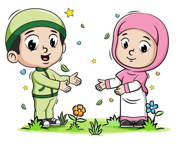 Two Muslim Kids Playing Park Illustration — Stock Vector