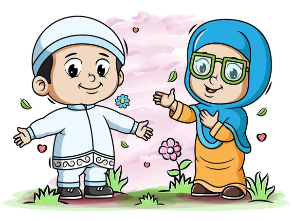 Couple Muslim Playing Park Illustration — Stock Vector