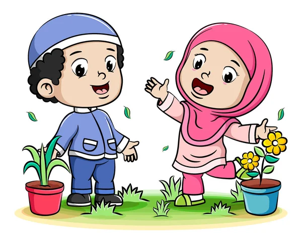 快乐的穆斯林孩子们在盆栽背景下玩耍和开花 — 图库矢量图片