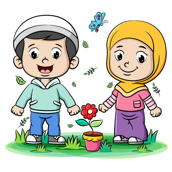 Two Muslim Teenage Playing Park Illustration — Stock Vector