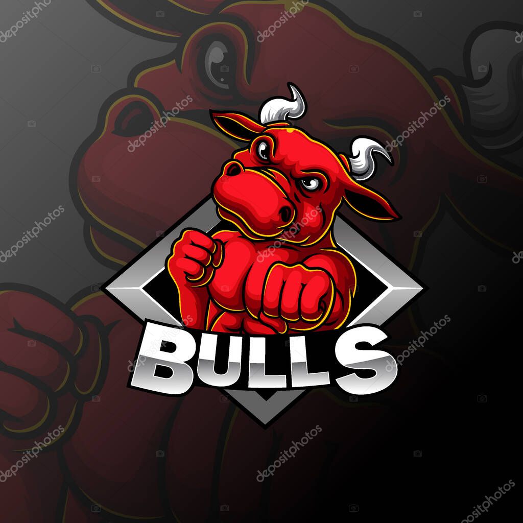 Angry strong bull mascot e sport logo design of illustration