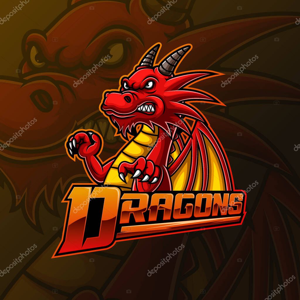 Red dragon mascot e sport logo design of illustration