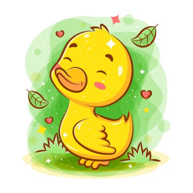 Resimler bahçesinde sevimli, gülen bebek ördek oyunu.