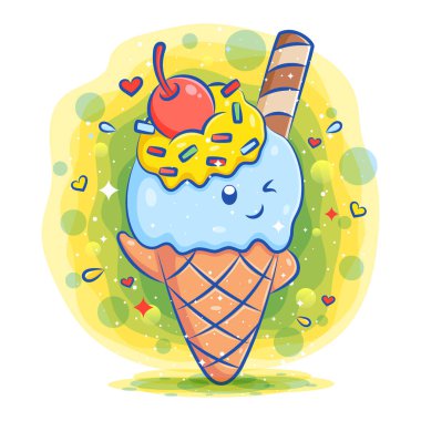Kiraz meyveli ve resimli çikolatalı nefis dondurma kawaii karakteri.