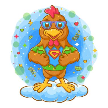 Rooster süper kahramanı, çizim tişörtünün altında süper kahraman kıyafeti gösteriyor.