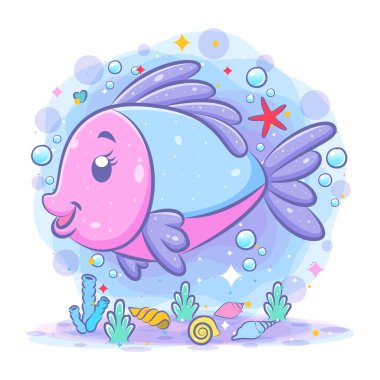 Pembe balık çizgi filmi güzel bir illüstrasyon denizinde yüzer.