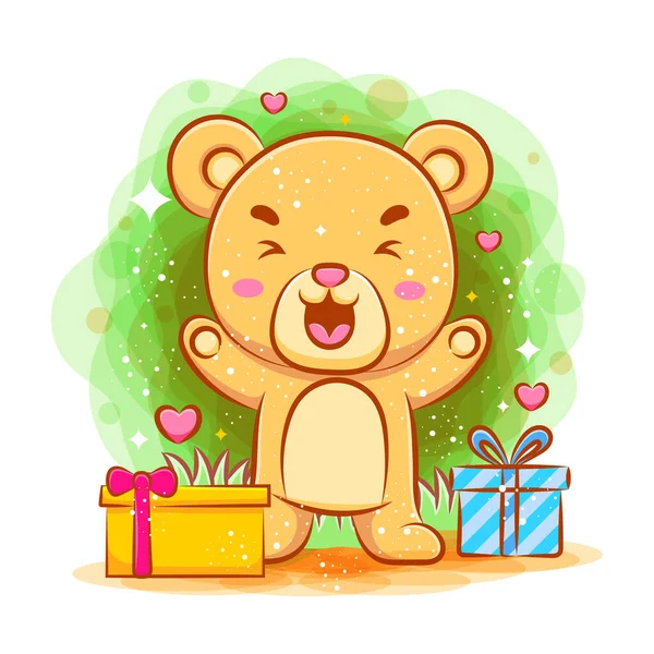 Urso Bebê Bonito Sentindo Feliz Com Presentes Ilustração — Vetor de Stock