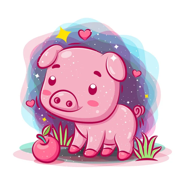 Baby Pig Play Garden Apple Illustration — Stock Vector