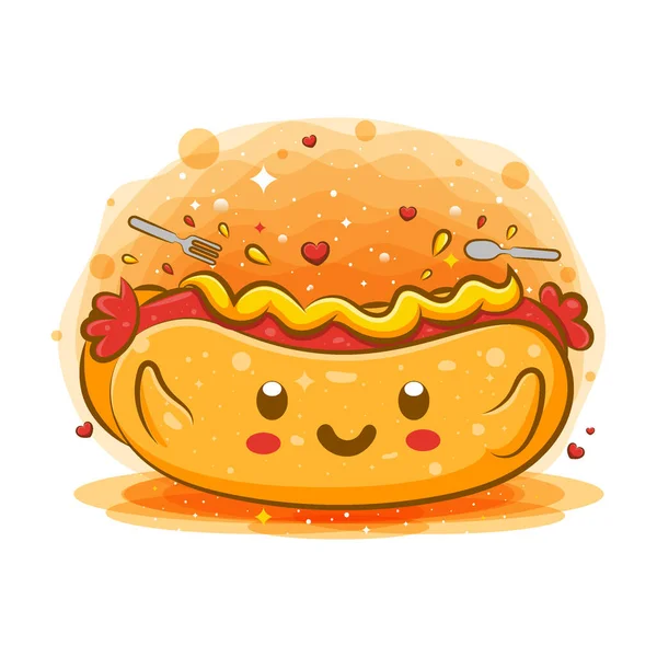 Hot Dog Con Senape Kawaii Personaggio Dei Cartoni Animati Illustrazione — Vettoriale Stock