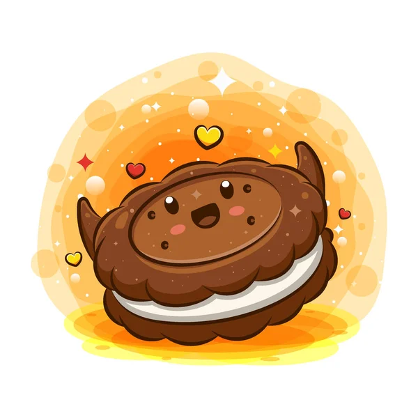 Biscotto Con Crema Kawaii Personaggio Cartone Animato Illustrazione — Vettoriale Stock