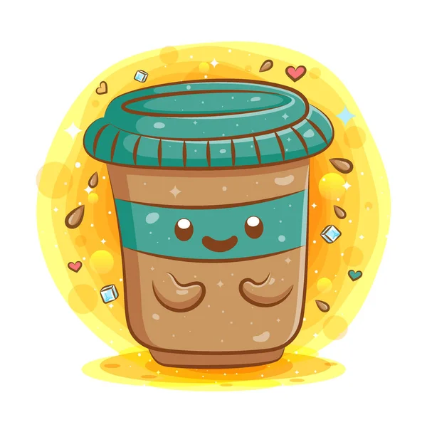 Bonito Café Copo Desenho Animado Kawaii Mascote Personagem Ilustração —  Vetores de Stock