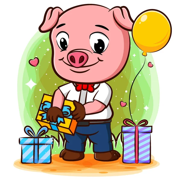 Erfolgreicher Schweineunternehmer Feiert Erfolg Mit Vielen Illustrationsgeschenken — Stockvektor