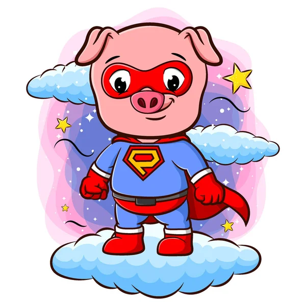 Ein Schwein Superheldenkostüm Und Auf Einer Wolke Der Illustration — Stockvektor