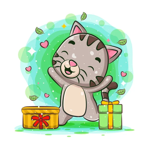 Забавна Кішка Отримає Два Подарунки Від Ілюстрації — стоковий вектор