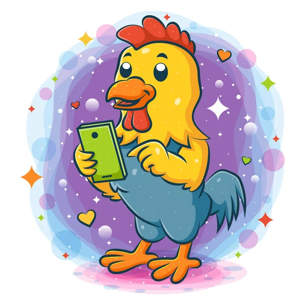 Rooster Standing Holding Smart Phone Illustration — Stock Vector