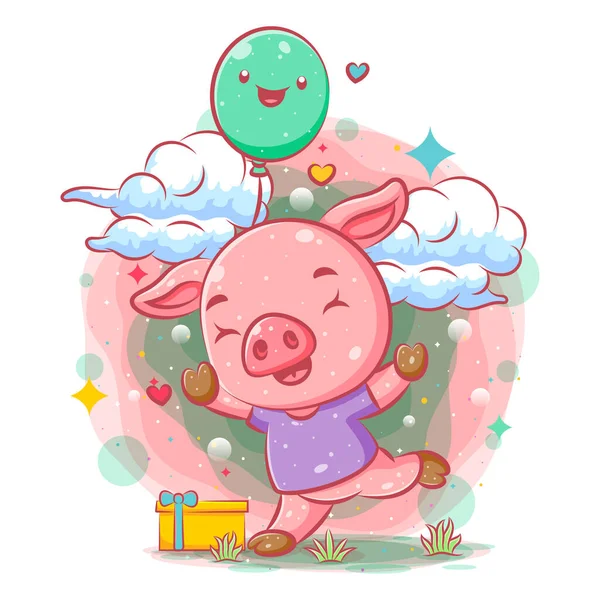 Porco Rosa Feliz Segura Balões Verdes Ilustração —  Vetores de Stock