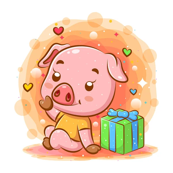 Desenho Animado Porco Rosa Senta Perto Presente Ilustração —  Vetores de Stock