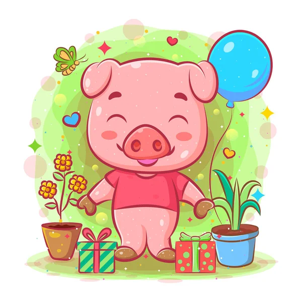 Little Pink Pig Stands Gift Plants Illustration — Stock Vector