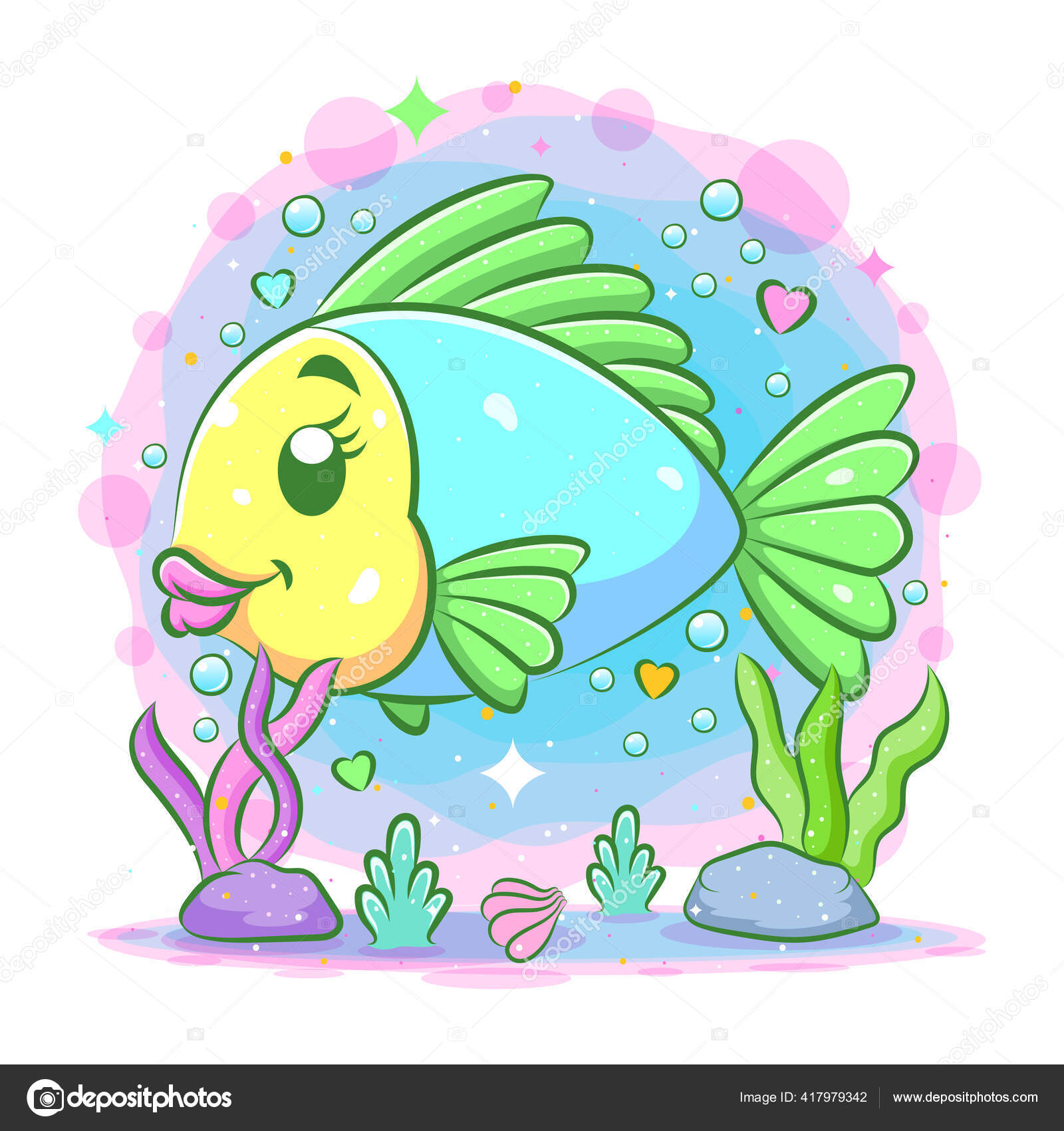 大きな唇を持つ小さな魚は イラストの青い海の下で泳ぐ ストックベクター C 21studiodesign Gmail Com